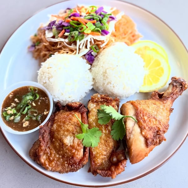 Filipino fried chicken with rice, pancit, a lemon slice, and dipping sauce on a white plate.